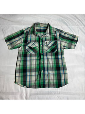 Boys American Hawk Button Down Shirt Size 6 Green Black Plaid
